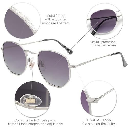 SOJOS Square Polarized Sunglasses for Women Men Small Hexagonal Polygon Shades SJ1072 - color: Matt Silver