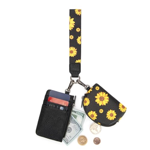 Wrangler KeyChain Wristlet Wallets for Women Sunflower Floral Dual Pouch Wristlet Western Credit Card Holder Wallet with Zipper Pocket - color: Sunflower Black