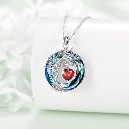 POPLYKE Mothers Day Gifts for Mom Her Wife Tree of Life Necklace 925 Sterling Silver Birthstone Pendant with Crystal Anniversary Birthday Wedding Jewelry for Women - color: 01-Jan-Garnet, style: White Gold Plated-Blue Crystal