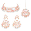 Aheli Faux Kundan Beaded Necklace Earrings Maang Tikka Indian Bollywood Ethnic Jewelry Set Gift for Women - color: Rose Gold