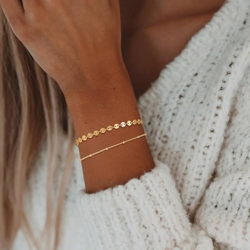 Dremmy Studios Gold Bracelet for Women 18K Gold Plated Dainty Paperclip Cubic Zirconia Disc Coin Star Cable Satellite Bead Pearl Simple Boho Minimalist Stacking Layered Link Jewelry Gift - color: Layer A
