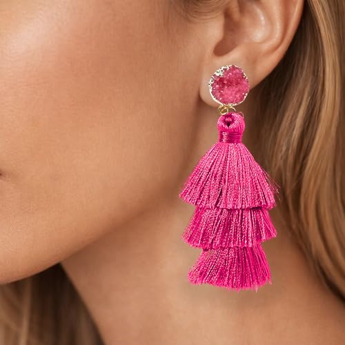 Tassel Earrings for Women - Colorful Layered Tassle Dangle Drop Earrings - color: Pink