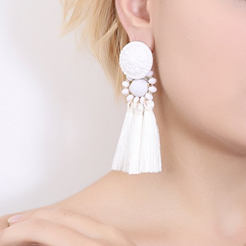 boderier Bohemian Statement Thread Tassel Chandelier Drop Dangle Earrings with Cassandra Button Stud - color: White
