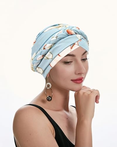 ZLYC Chemo Headwear for Women Pre Tied Turban Headwear Lightweight Beanie Hat - color: Braid Floral Light Blue