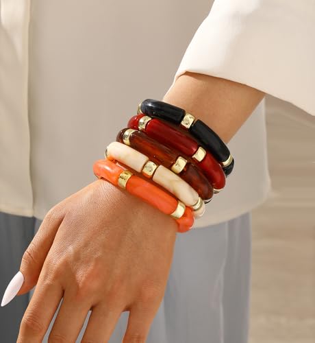 iF YOU 6pcs Chunky Acrylic Bangle Bracelets for Women, Resin Bamboo Brown Stretchy Bracelet Stack, Fashion Jewelry for Women - color: 5pcs-orange & red & brown bangles