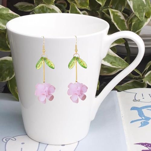 Resin Flower Cluster Ball Dangle Drop Earrings for Women Spring Summer Bohemian Floral Petal with Green Leaf Earrings Vacation Party Jewelry - color: Pink