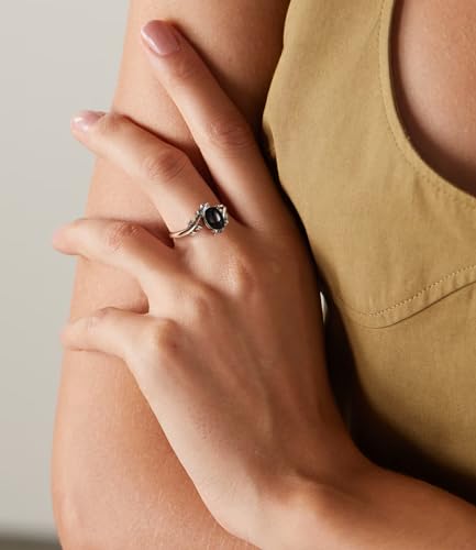 Genuine Turquoise Ring for Women Western Oval Gemstone Jewelry 925 Sterling Silver Leaf Bohemian Boho for Her Wife Mom - color: Black Onyx