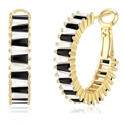 Trendy 14K Gold Plated Hoop Earrings for Women, Chunky Gold/Silver Earrings for Women Cubic Zirconia Baguette Hoop Earrings Heart Hoops Lightweight Hypoallergenic Jewelry,25mm/35mm/40mm/50mm - color: 01 Gold White and Black Hoops 25mm