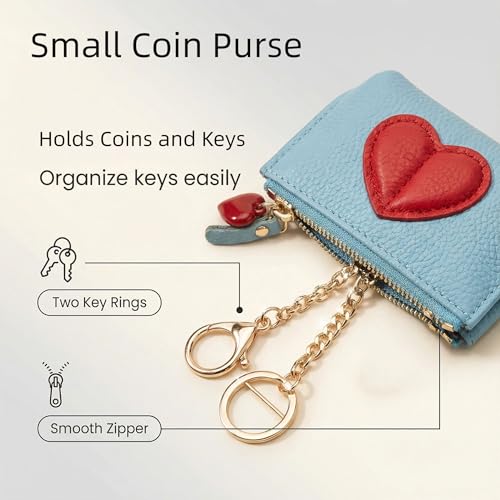 Red Heart Design Small Coin Purse - Cute Compact Keychain Change Purse Soft Leather Wallet with Zipper for Women (Light Blue) - color: Light Blue