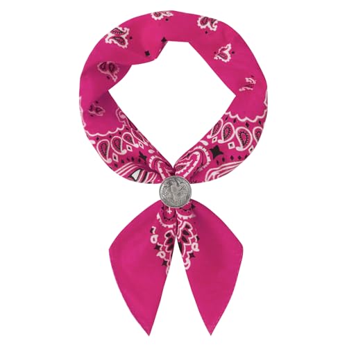 Western Bandana Scarf With Vintage Coin Buckle, Paisley Pattern Neck Scarf for Men Pocket Square Cowboy Scarves - color: Rose Red