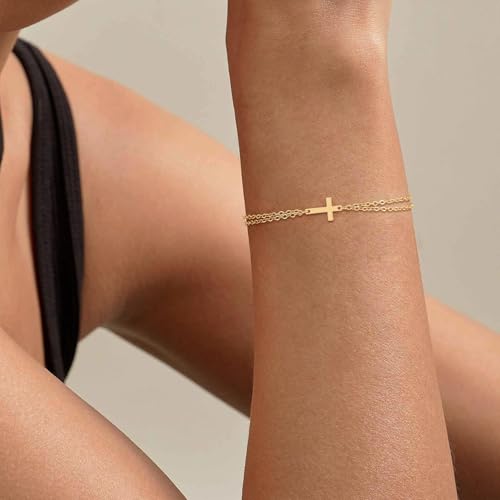 NECOCY Mothers Day Gifts Cross Bracelet for Women, Dainty 14K Gold/Silver Plated Pearl Cross Chain Bracelet Religious Christian Baptism Jesus Catholic Bracelet Jewelry Gift for Mom Wife Daughter - style: Style-5