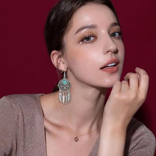Boho Turquoise Drop Earrings Retro Long Copper Feather Tasse Metal Leaf Dangle Earrings Vintage Country Western Jewelry Cowgirl Ethnic Style Geometric Concert Festival Accessories for Women - color: Silver Feather