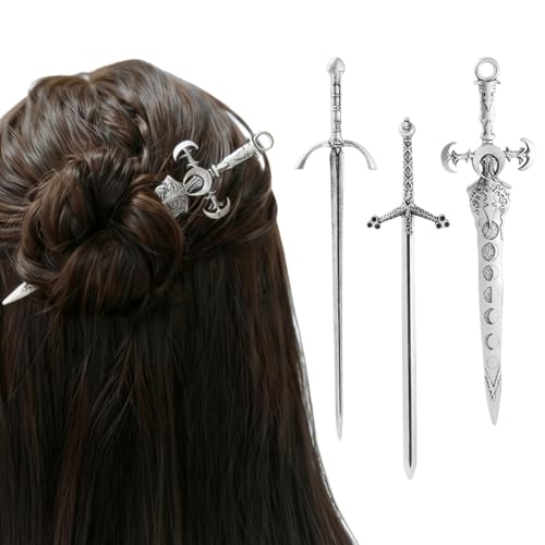 3-Piece Sword Hair Pin Set – Gothic and Viking Hair Accessories for Women, Medieval Hair Sticks & Renaissance Hair Jewelry - color: Design-1