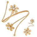 Gold Arm Cuff with Ring, 2 Pcs Open Upper Arm Bracelet and Ring with Rhinestones, Adjustable Metal Armband Jewelry Set - color: Flower