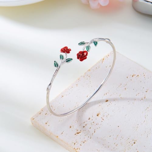 Dtja Vintage Rose Flower Bangle Cuff Bracelet Red Floral Statement Expandable Adjustable Ring for Women Antique Tribal Theme Green Leaf Jewelry for Valentine Christmas Holiday 2 Piece Set - color: Silver-Toned