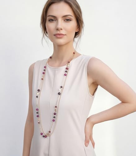 FULU AUTUMN Boho Gold Long Necklaces for Women Natural Stone Beaded Layered Long Necklace Mothers Day Gifts Dainty Flower Costume Jewelry for Women - color: Purple