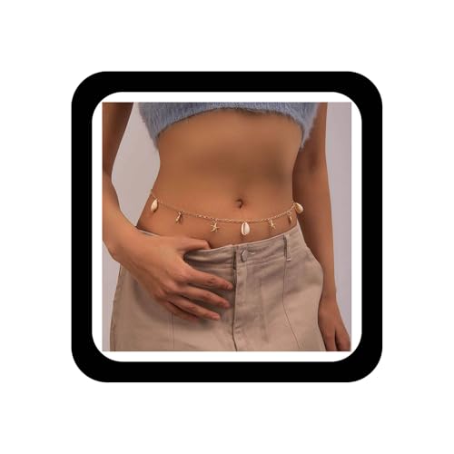 Boho Pearl Shell Waist Body Chain Starfish Conch Belly Chain Beach Bikini Body Chain Ocean Trinkets Waist Chain Belt - color: Gold
