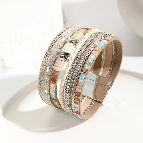 VIBILIA Boho Leather Wrap Bracelets for Women Multi-Layer Bracelets with Strong Clasp Jewelry for Women - color: 02-XxMilletBead-Khaki