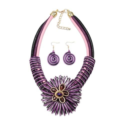Ethnic Crystal Rhinestone Pendant Necklace Earrings Set Women Handmade Tribal Collar Choker Chunky Metal Bib Rope Chain African Statement Jewelry Set - color: NXR1418-purple