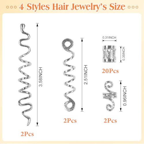 26 Pcs Silver Hair Jewelry for Braids,4 Styles Dreadlock Accessories, Adjustable Metal Hair Clips,Snake Hair Cuffs Braiding Decorations for Women - color: Silver-26pcs