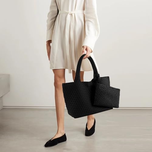 Woven Bag for Women, Large Neoprene Tote Bag Summer Beach Handbag Purse Retro Handmade Travel Shoulder Bag Set - color: Black