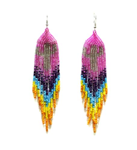 Long Beaded Dangle Earrings – Boho Native Handmade Seed Bead Tassel Bohemian Large Statement Drop Fringes for Women - color: Pattern2