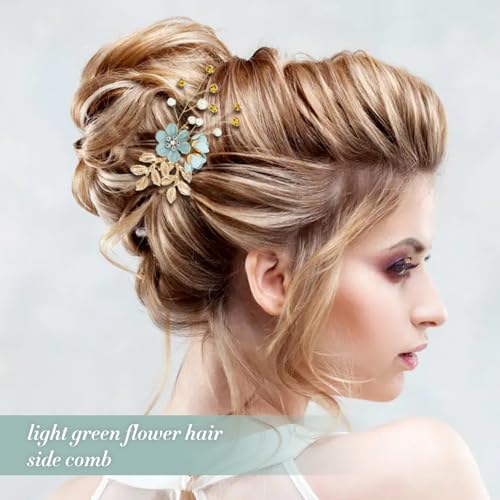 inSowni 20 Pieces Rhinestone Pearl Bridal Wedding Party Prom Light Green Flower Hair Side Combs Slides +U-shaped Floral Hair Pins+Twist Spiral Pearl Hairpins for Brides Bridesmaids Girls Women - color: Light Green
