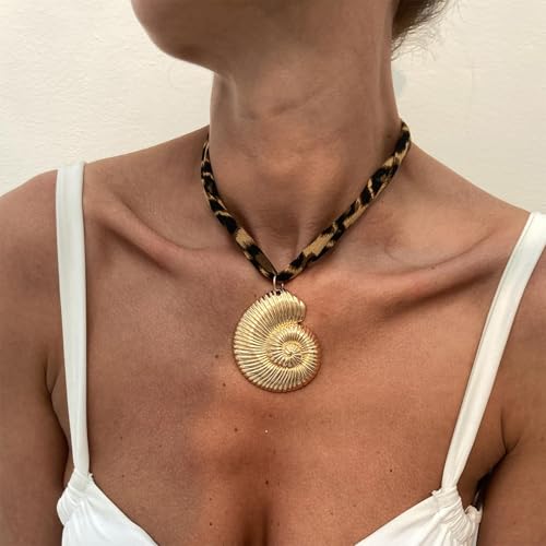 Scarf Necklace with Charm Gold Starfish Chunky Cross Heart Flower Pendants Bandana Charm Necklace Western Scarf for Women Boho Cowgirl Country Cowboy Accessories Beach Vacation Vacation Outfits Jewelry - color: A9-Scarf Necklace With Shell Charm