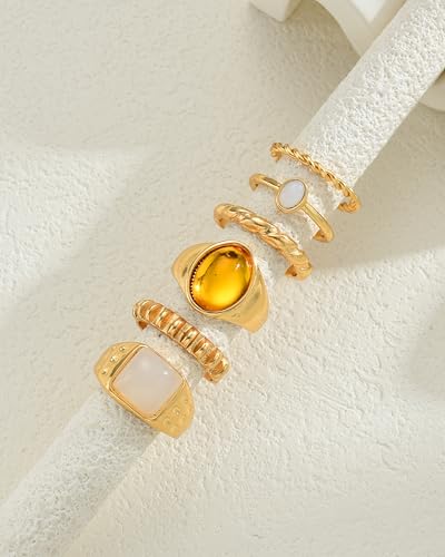 FAXHION 24-60 Pcs Gold Stackable Rings for Women, Knuckle Rings Chunky Gold Ring Set Dainty Stacking Cute Rings, Multiple Sizes Cute Jewelry Set Gift - style: Maillard -6 pcs