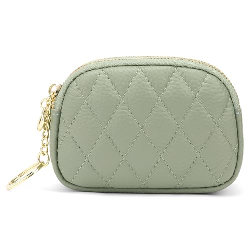 SENDEFN Women's Coin Purse Genuine Leather Wallet Small 2 Zippers Change Pouch Purse with Keychain Ring - color: 2-Green