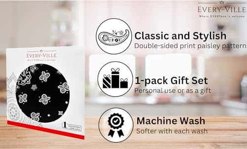 Gift Packaging Bandana for Men Women - 100% Cotton, Paisley, 22x22 In, 1 Pack - Large Bandanna Handkerchief Cowboy Hanky - color: Black