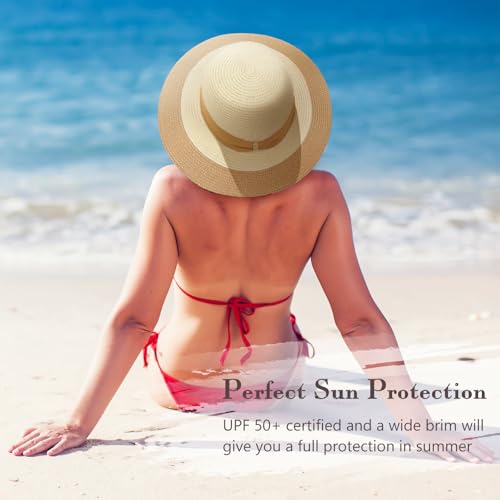 Beach Hats for Women, Sun Straw Hat for Women, UPF 50+ UV Sun Protection Sun Hat Womens, Foldable Floppy Sun Hat - color: D-khaki & Beige