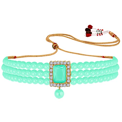 Aheli Ethnic Choker Necklace Earrings Wedding Bollywood Party Jewelry Set Gift for Women - color: Mint Green