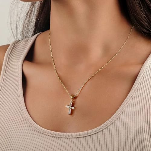 14K Gold Plated Cross Pendant Necklaces for Women Trendy, Dainty Choker CZ Cross Necklace Non Tarnish,Simple Tiny Cross Necklace for Jewelry Gifts - style: T-Crystal Gold