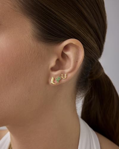 PAVOI 14K Gold Plated Dainty Flat Back Earrings for Women - Hypoallergenic Sterling Silver Posts Helix Cartilage Piercing Jewelry - Emoji Motif Bow Celestial Flatback Gold Stud Earrings Screw Back - style: Western Trio Set