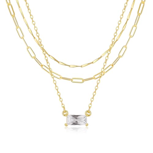 BERISO 14K Gold Plated Layered Necklace for Women, 3 Layer Dainty Gold Necklace with Minimalist Pendant, Elegant Everyday Gold Jewelry Gift - style: layered necklace-E