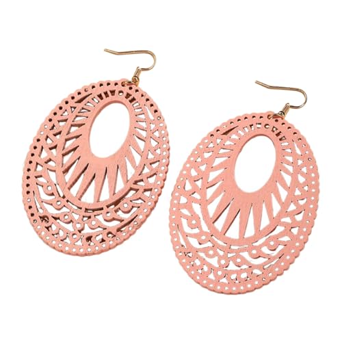 Boho Wooden Cutout Dangle Earrings for Women Bohemian Teardrop Oval Hollow Floral Pattern Drop Earrings Colorful Lightweight Statement Party Jewelry - color: Pink