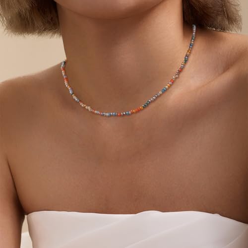 JSJOY Tiny Crystal Beaded Choker Necklaces for Women Colorful Beaded Necklace Dainty Choker Necklaces Simple Boho Jewelry Gifts for Teens Handmade Shining Bead Necklaces Gifts - color: Gray