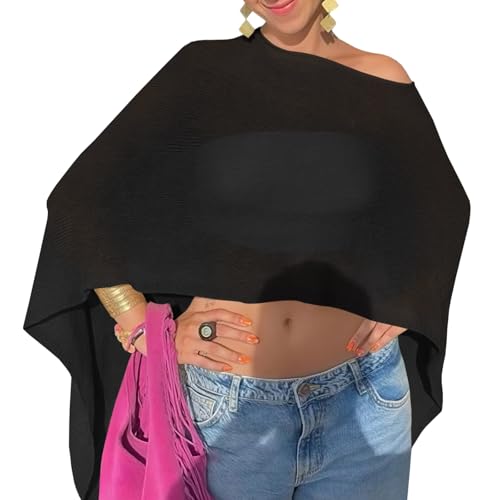 Fisoew Women Sheer Poncho Top Lightweight Knit Crochet Summer Shrug Bolero Off Shoulder Going Out Beach Cover up - color: Black, size: Medium