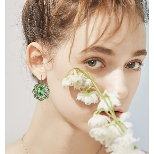 Handmade Bohemian Vintage Gold Sparkly Crystal Round Flower Leverback Earrings Cute Rhinestone Geometry Dangle Drop Earring for Women - color: Grass Green