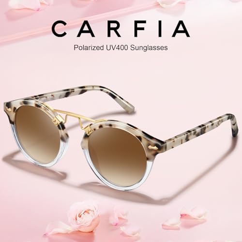 CARFIA Double Bridge Small Acetate Sunglasses for Women Polarized, Retro Metal Brow Ladies Sunnies Fashion Round Eyewears - color: 2. Pink White Tortoise Frame Gradient Brown Lens