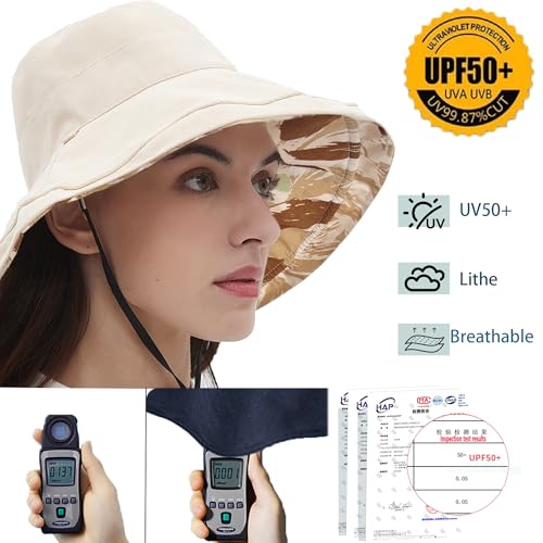vidsel Womens Sun Hats Wide Brim Reversible Bucket Cotton Hat Packable Summer Travel Cap with Hat Clip,UV Protection - color: Beige2, size: Medium