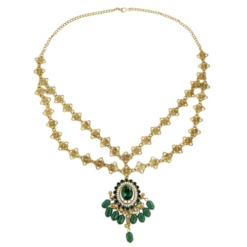 Boho Headband for Women Elegant Bridal Wedding Headpiece Cubic Zirconia Vintage Jhumka Bead Tassel Festival Gold Plated Adjustable Forehead Chain Bollywood Party Accessories Jewelry (Green, Gold) - color: Green