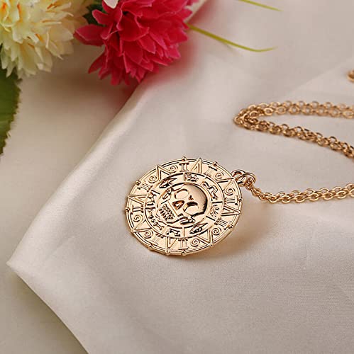 Round Gold Coin Skull Necklace Pendant Dress Accessory Movie Pirates of The Caribbean Medal Necklace Retro Jewelry (Gold