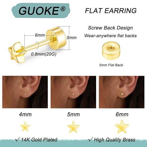 3 Pair Tiny Flat Back Earrings for Women - 14K Gold/White Gold Plated Dainty Cute Small Screw Flatback Stud Earring, Everyday Wear Gift - color: Star Flat-4/5/6mm Gold