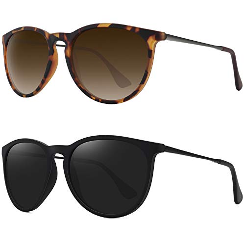 WOWSUN Retro Polarized Sunglasses Womens Trendy Round Classic Glasses - color: (2 Pack) a Black Frame Black Lens + Leopard Frame Brown Lens