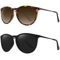 WOWSUN Retro Polarized Sunglasses Womens Trendy Round Classic Glasses - color: (2 Pack) a Black Frame Black Lens + Leopard Frame Brown Lens