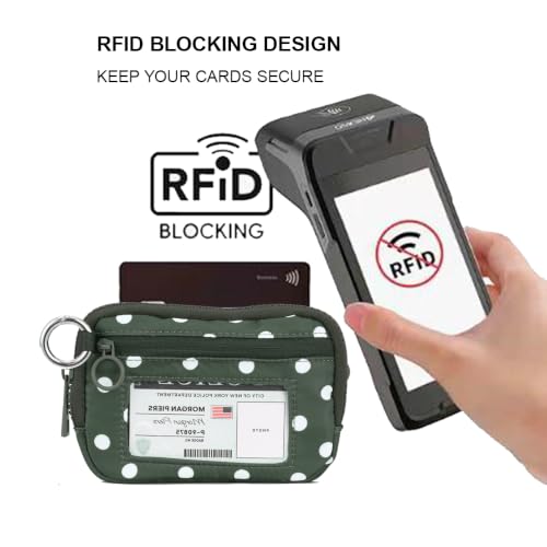 Wristlet Wallet for Women Mini Zip Card Case with Clear ID Window Zipper Coin Purse Lightweight Portable Keychain Wallet - color: Green Polka Dots