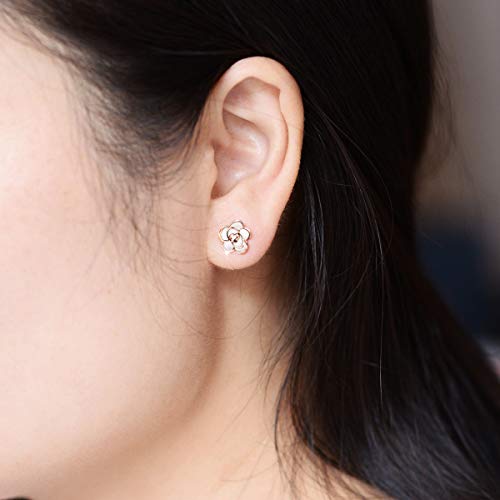 AllenCOCO Rose Flower Stud Earrings for Women Sensitive Ears, Hypoallergenic Cute Gold And Silver Rose Flower Earrings Studs for Women Nickel Free - color: White flower/Rose gold, size: 0.35