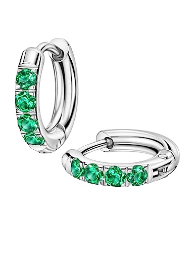 316L Surgical Stainless Steel Huggie Hoop Earrings with Cubic Zirconia, 10G 12G 14G 8-20mm Cartilage Lobe Earrings, 14G Piercing Jewelry - style: 10G 8mm Silver with Green CZ